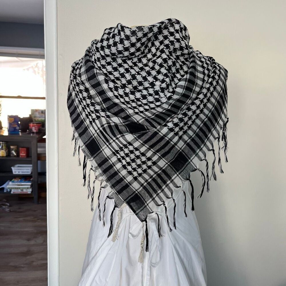 Black White Afghan Keffiyeh Cotton Military Scarf 40” x 40” Unisex NWOT